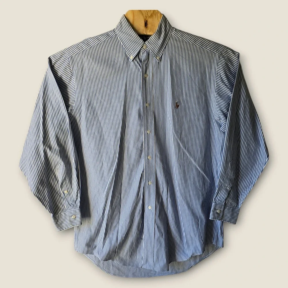 Ralph Lauren Yarmouth Button Down Shirt Mens Blue White Stripe 15.5 32/33 Cotton